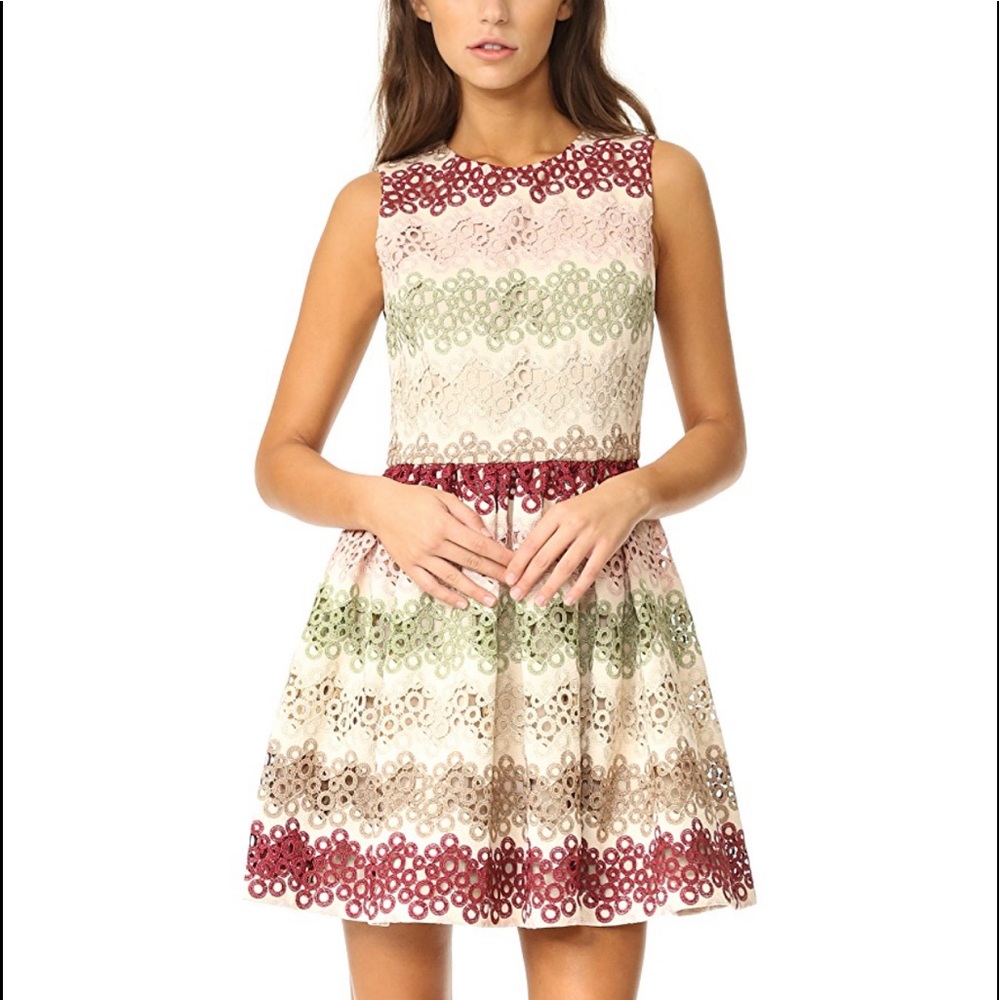 Alice + Olivia Cream Lace Midi Dress with Green and Burgundy Trim